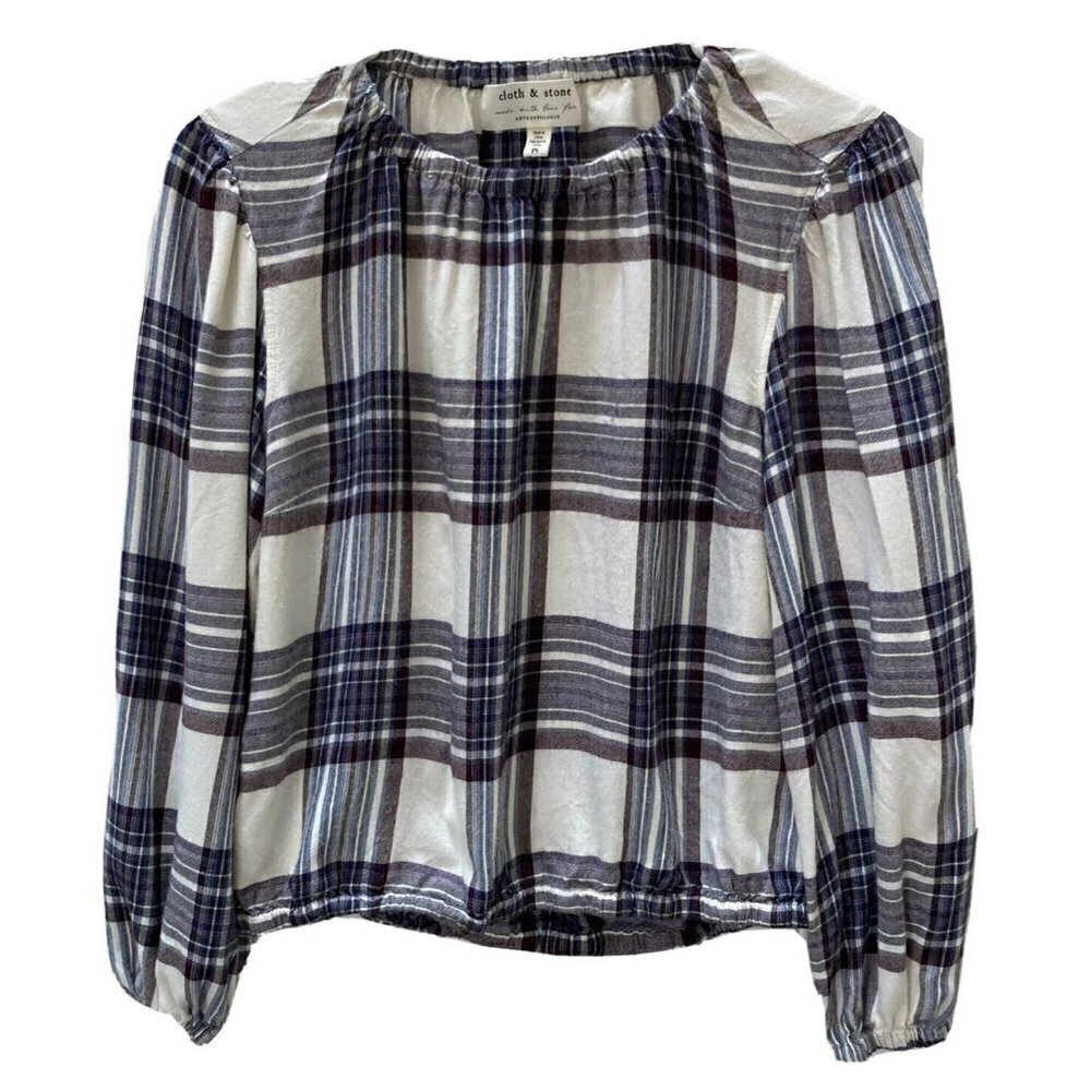 Anthropology Cloth &Stone Dark Purple Cream Plaid Elastic Neck Waist Crop Top-PS
